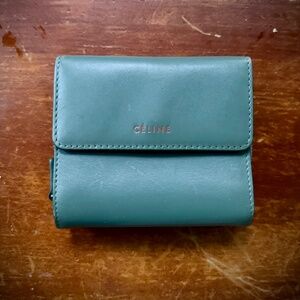 CELINE vintage trifold compact Leather wallet & zippered compartment in teal